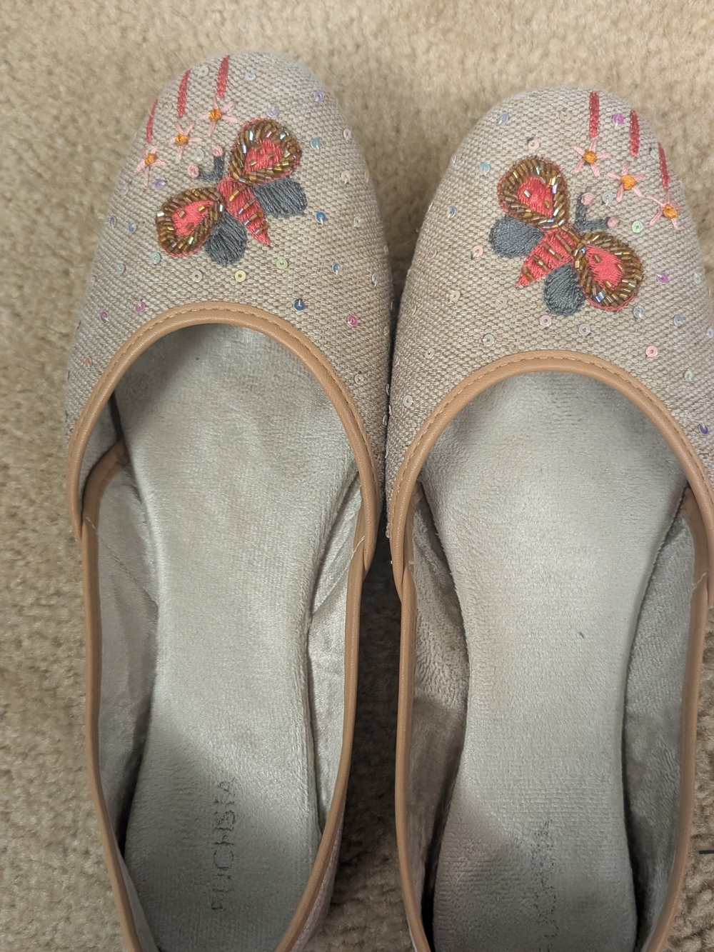 Embroidered Butterfly Ballet Flats in Light Beige